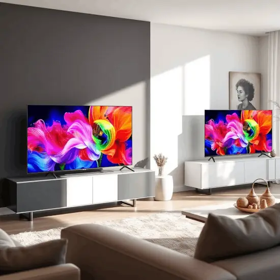 Modern living room with Samsung QLED and Crystal UHD TVs side by side on a stylish stand