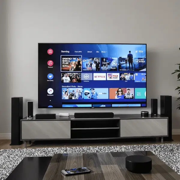 Modern living room with a large flat-screen Smart TV showing streaming apps.