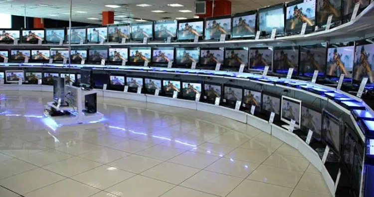 large selection of televisions in the store