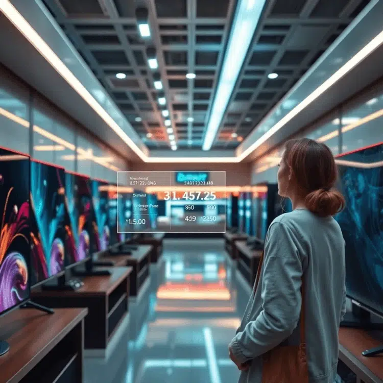 
A girl chooses a TV from a selection available in a store.