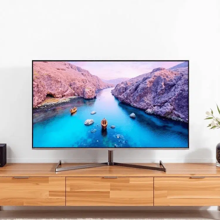 
The TV shows a river in the mountains, and there are two boats on the river.